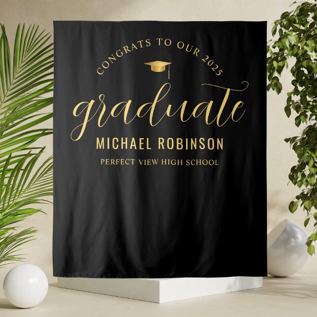 2025 Graduate Gold Black Graduation Party  Tapestry (Creator Uploaded)