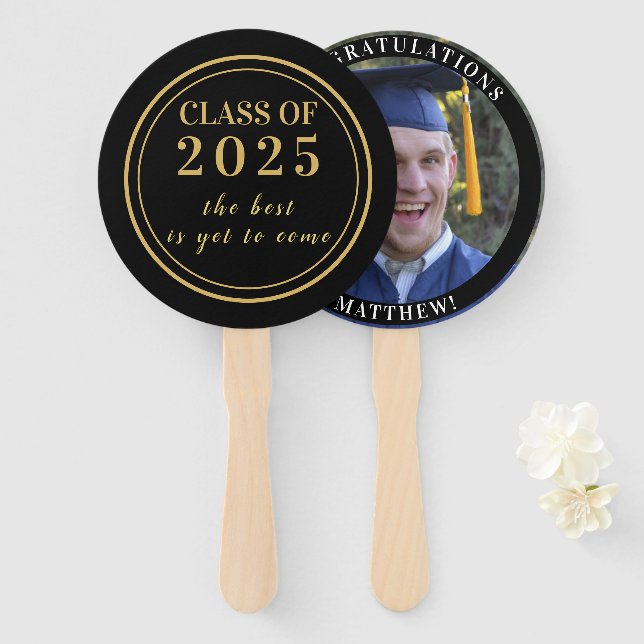 2025 Graduate Inspirational Photo Gold Black Hand Fan (Front and Back)