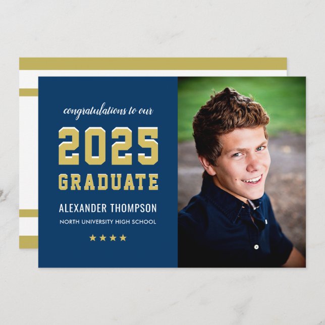 2025 Graduate Navy Gold Graduation Party Photo Invitation (Front/Back)