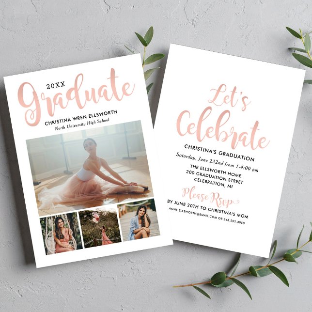 2025 Graduate Rose Gold Script Photo Collage Party Invitation (Creator Uploaded)
