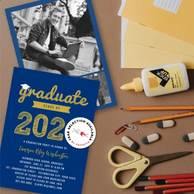 2025 Graduate Sketch 3 Photo Modern Grad Party Invitation (2025 Gold Graduate Sketch On Blue (color is customizable) Graduation Party Invitation @ fatfatin)