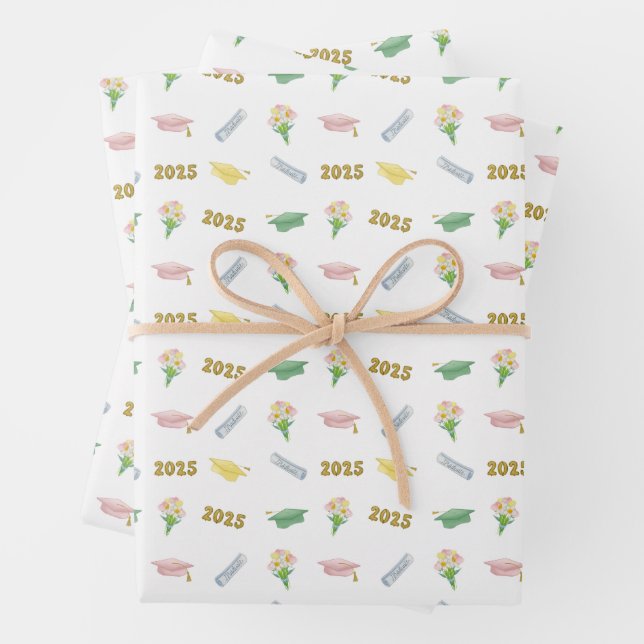 2025 Graduation Cap and Balloons Pastel  Wrapping Paper Sheet (In situ)