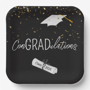 2025 Graduation Gold Confetti and Cap Paper Plate