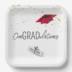 2025 Graduation Gold Confetti and Red Cap Paper Plate
