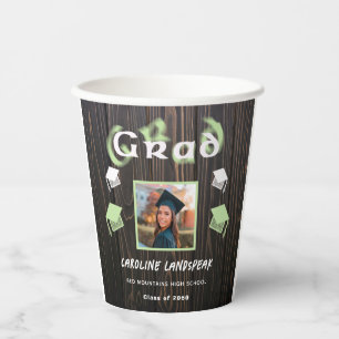 2025 Graduation Pale Green Blurred Text & Photo Paper Cups