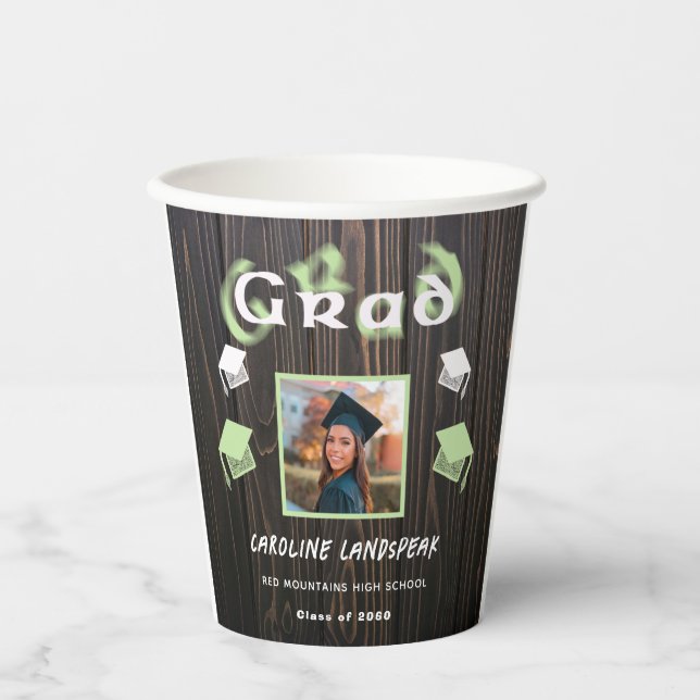 2025 Graduation Pale Green Blurred Text & Photo  Paper Cups (Front)