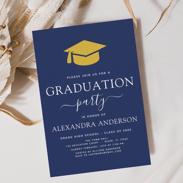 2025 Graduation Party Navy Blue Gold Elegant Invitation (Creator Uploaded)