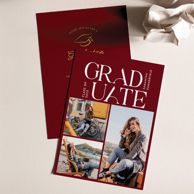 2025 Graduation Photo Collage Burgundy Grad Party Invitation (Graduation 2024 Photo Collage Announcement)