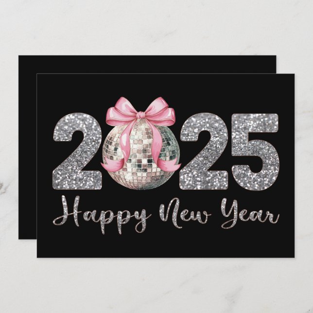 2025 Happy New Year Disco Ball Pink Bow Holiday Card (Front/Back)