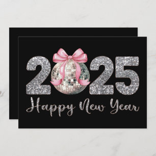 2025 Happy New Year Disco Ball Pink Bow Holiday Card