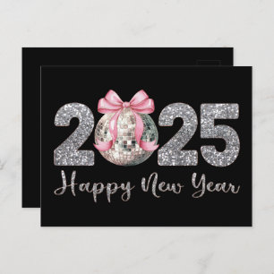 2025 Happy New Year Disco Ball Pink Bow Holiday Postcard