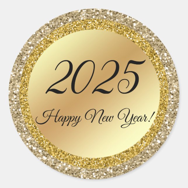 2025 happy new year,gold metallic sparkles  classic round sticker (Front)