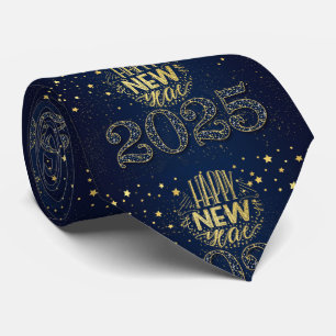 2025 Happy New Year Gold on Deep Navy Blue Tie