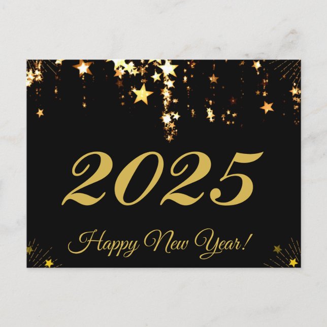 2025,Happy new year!gold stars & black background Holiday Postcard (Front)