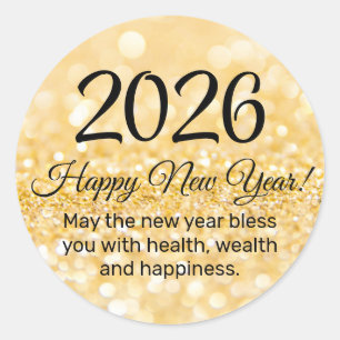 2025 happy new year, stylish script, gold glitters classic round sticker