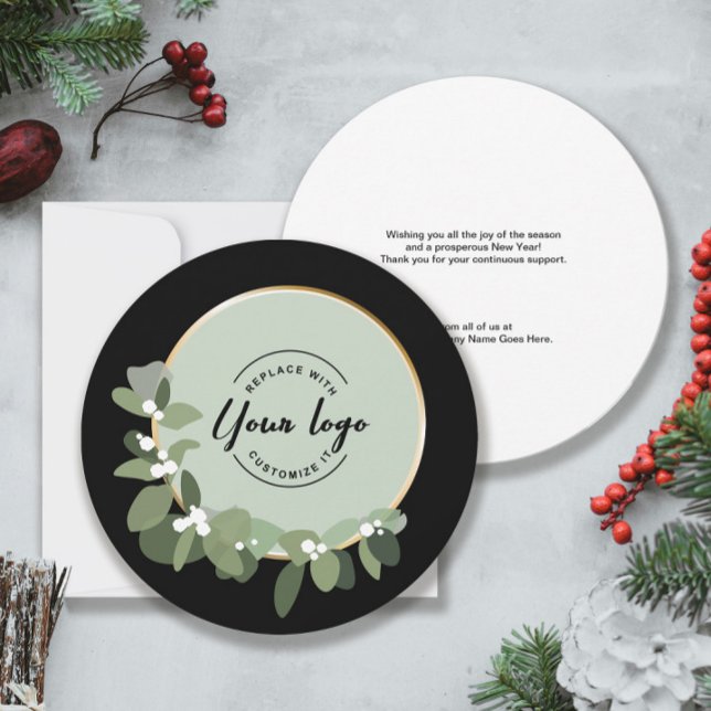 2025 Holiday Corporate Green Wreath Custom Logo (Unique business Christmas greeting card with custom logo and message.)