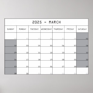 2025 march planer calendar big notes space poster