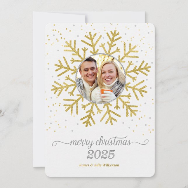 2025 Merry Christmas Golden Snowflake Photo Holiday Card (Front)