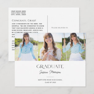 2025 Minimalist Black & White 3 Photos Graduation Postcard