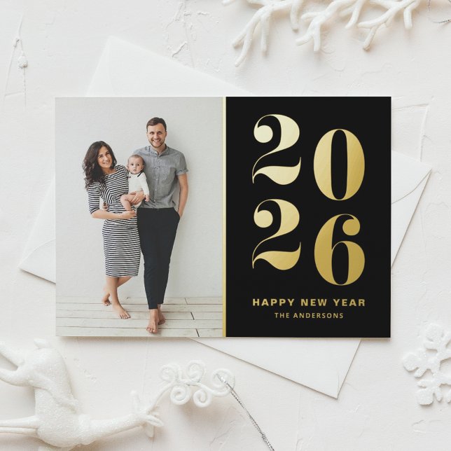 2025 Modern Bold Typography Black Happy New Year (Customizable photo Happy New Year card featuring 2026 in gold foil and black background.)
