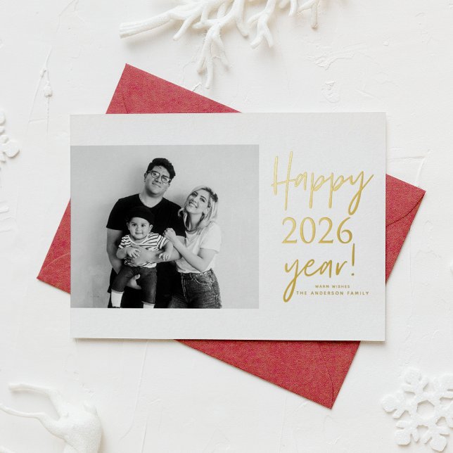 2025 Modern Handwritting Happy New Year (Send new year cheer with this customizable gold foil New Year Photo Card featuring mix typography.)