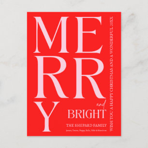 2025 Modern Merry and Bright Red Pink Christmas Holiday Postcard