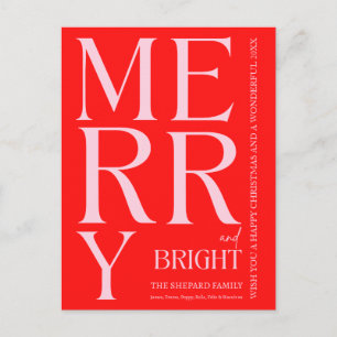 2025 Modern Merry and Bright Red Pink Christmas Holiday Postcard
