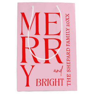2025 Modern Merry and Bright Red Pink Christmas Medium Gift Bag