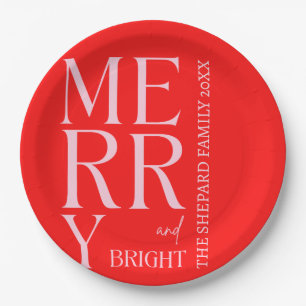2025 Modern Merry and Bright Red Pink Christmas Paper Plate