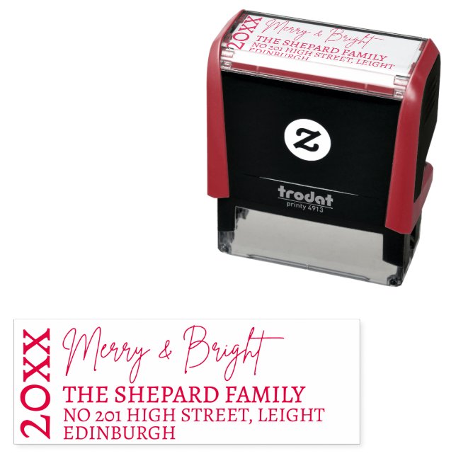 2025 Modern Merry and Bright Red Pink Christmas Self-inking Stamp (In Situ)