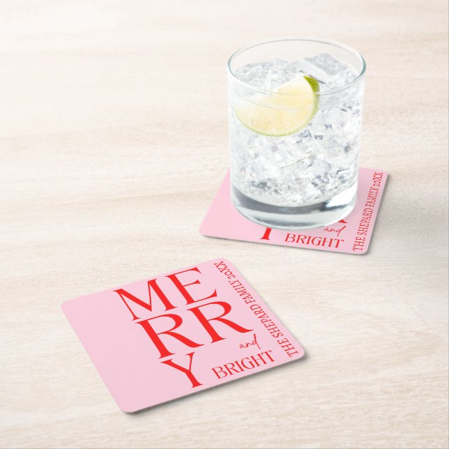 2025 Modern Merry and Bright Red Pink Christmas Square Paper Coaster (Insitu)
