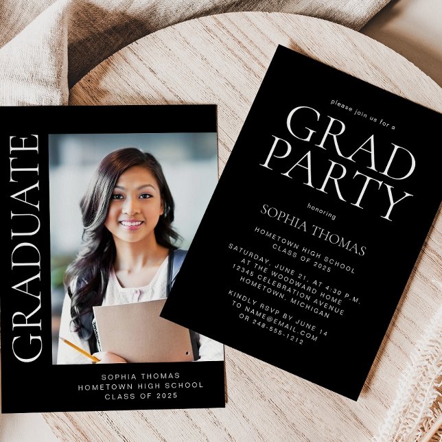 2025 Modern Photo Black White Graduation Party Invitation (Creator Uploaded)