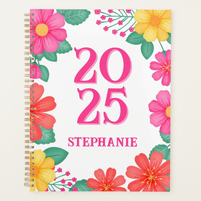 2025 Modern Pink Yellow Orange Floral Monogrammed  Planner (Front)