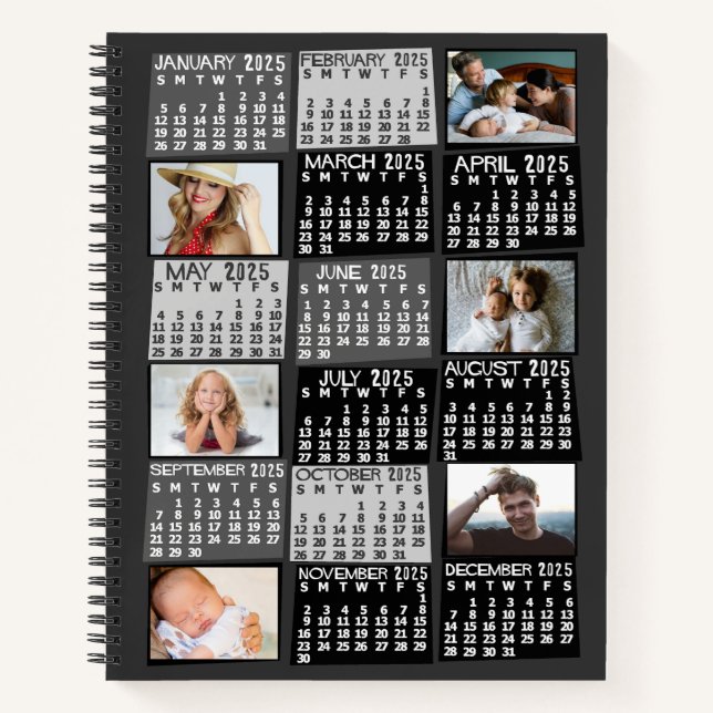 2025 Monthly Calendar Black Mod 12 Photo Collage Notebook (Front)