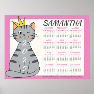 2025 Monthly Calendar Cute Pink Name Playful Cat Poster