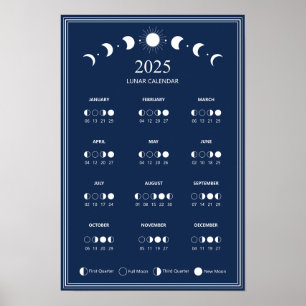 2025 Moon Phase Lunar Cycles Dark Blue Calendar Poster