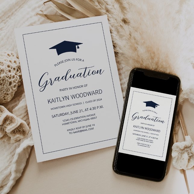 2025 Navy Blue Cap Modern Graduation Party Invitation (Creator Uploaded)
