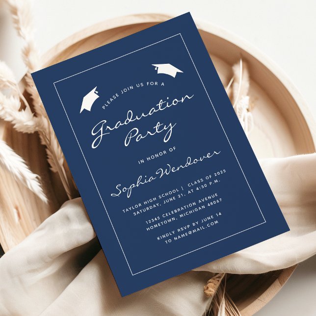 2025 Navy Blue White Border Graduation Party Invitation (Creator Uploaded)