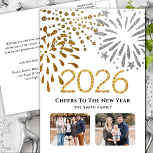 2025 New Year Festive Fireworks Gold Family Photo  Holiday Postcard
