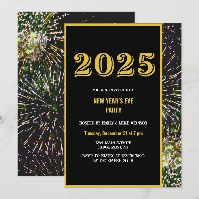 2025 New Year's Eve Gold Fireworks Invitation (Front/Back)