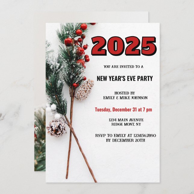  2025 New Year's Eve Holiday Holly Christmas Invitation (Front/Back)