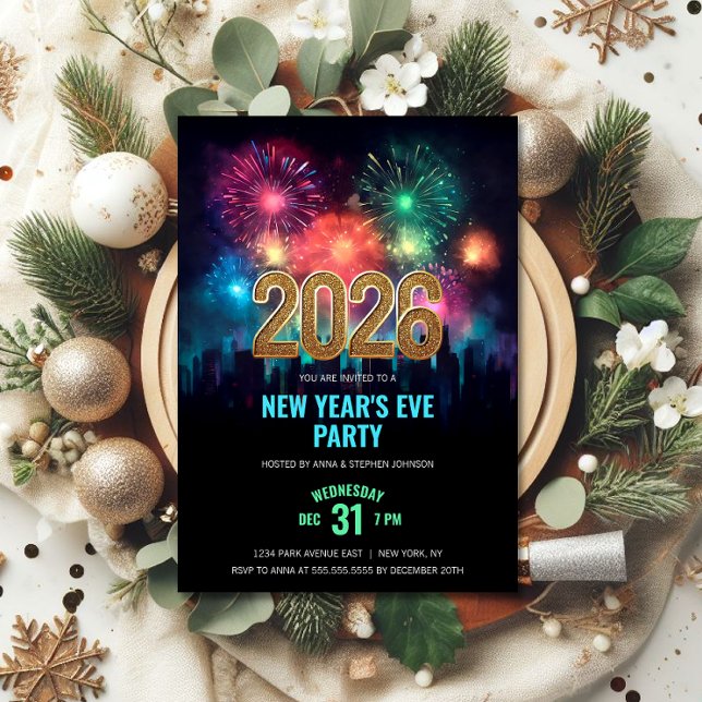 2025 New Year's Eve Party Elegant Fireworks Invitation (2026 New Year's Eve party invitation front with city and fireworks design.)