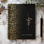 2025 Personalised Black Gold Leopard Spots Planner<br><div class="desc">Personalise this elegant modern design with your name in vertical gold-coloured signature handwriting script on a black background with a chic border of gold leopard spots. Add the year in sans serif font. (To keep the swashes at the beginning and end of the name, replace only the letters, leaving the...</div>