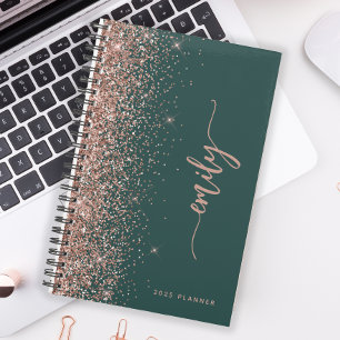 2025 Personalised Emerald Green Rose Gold Glitter Planner