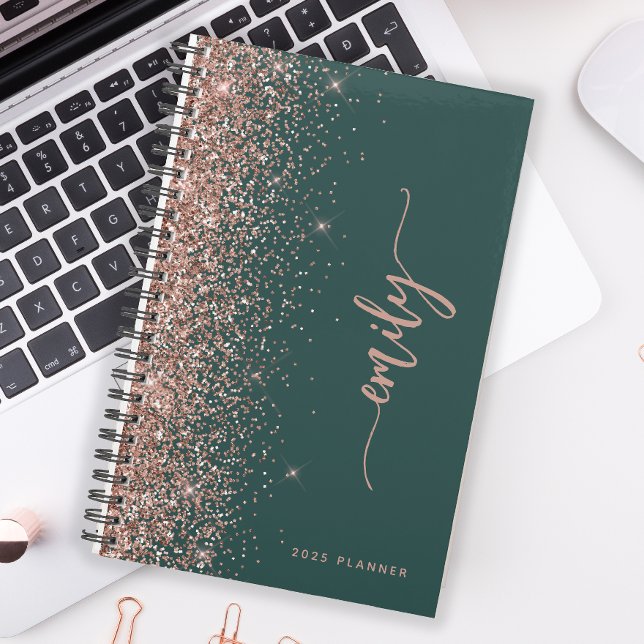 2025 Personalised Emerald Green Rose Gold Glitter Planner (Creator Uploaded)