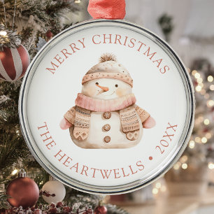 2025 Personalised Pink Snowman Merry Christmas Metal Tree Decoration
