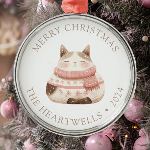 2025 Personalised Watercolor Cat Merry Christmas Metal Tree Decoration
