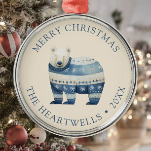 2025 Personalized Blue Polar Bear Merry Christmas Metal Tree Decoration
