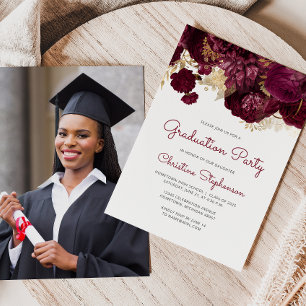 2025 Photo Burgundy Floral Graduation Party Invitation