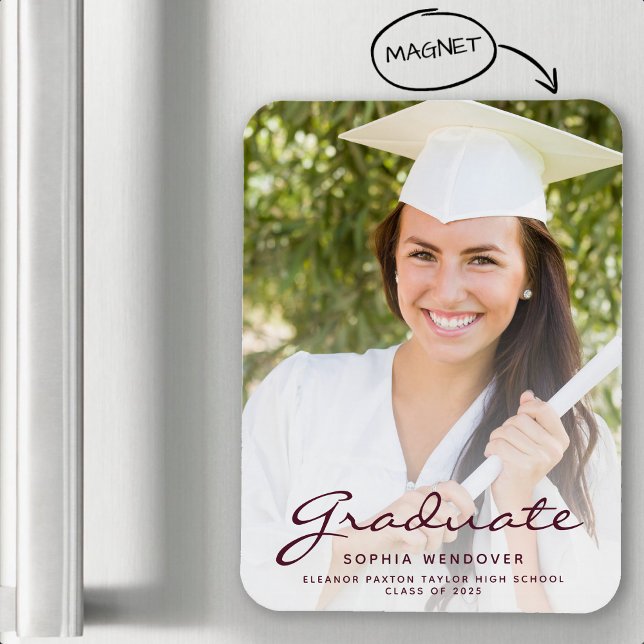 2025 Photo Burgundy Script Graduation Announcement Magnet (Creator Uploaded)
